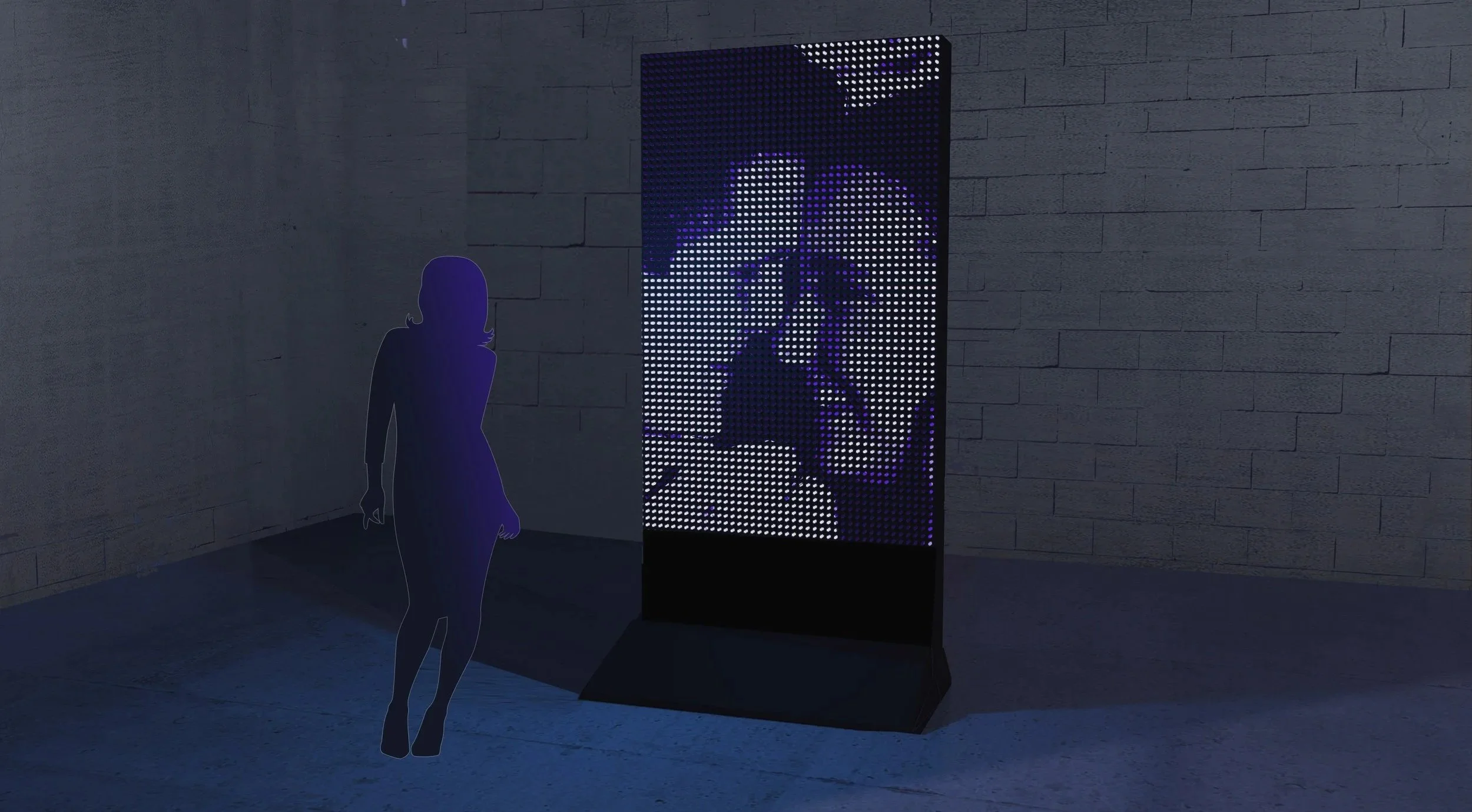 A woman in silhouette viewing an LED art installation displaying a pixelated image of a woman's face.