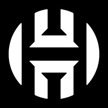 A white logo with geometric shapes forming a stylized H or H-shaped design on a black background.
