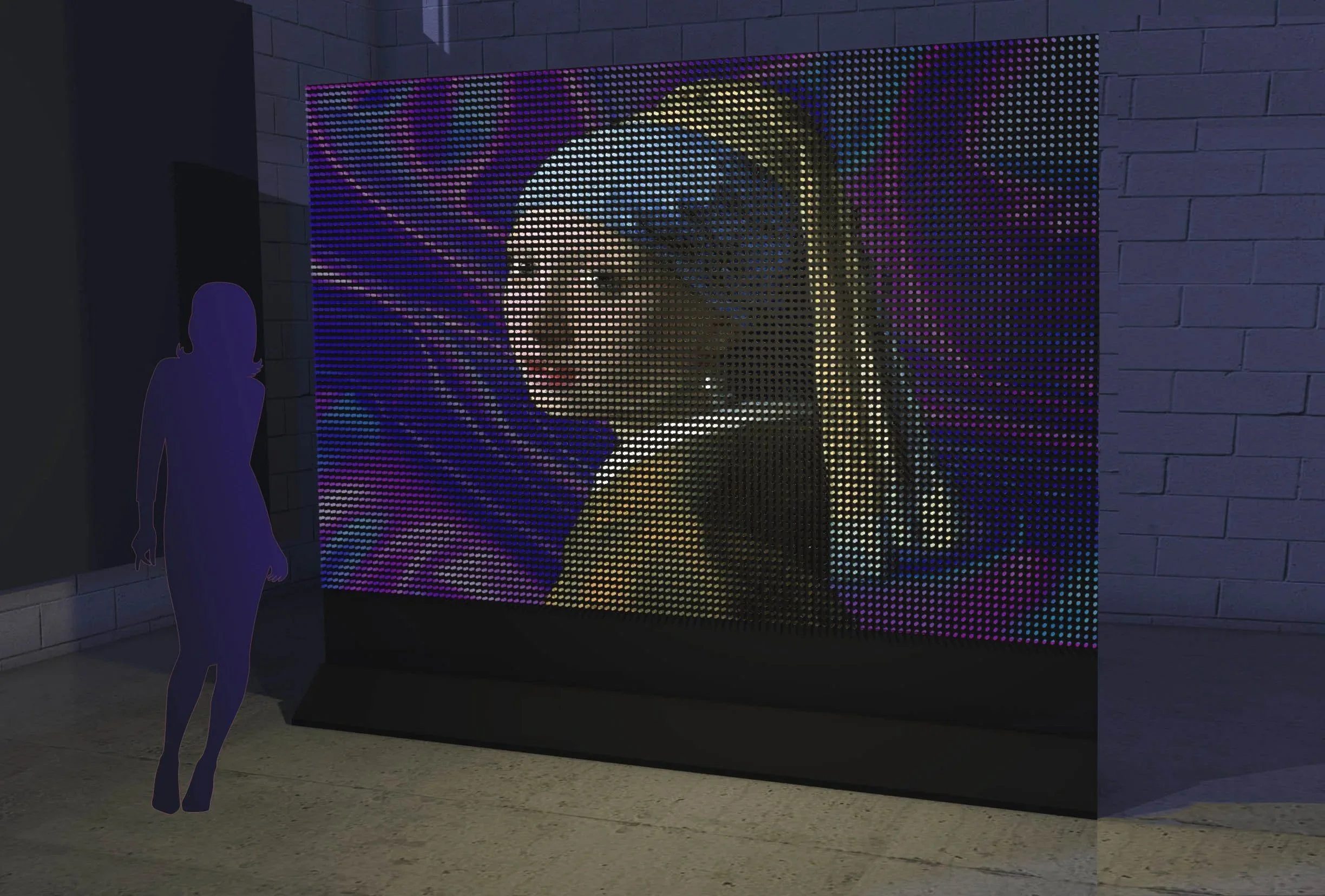 A digital art piece featuring a pixelated portrait of a woman with blonde hair and a headband, displayed on an LED screen, with a purple silhouette of a woman observing it in an indoor gallery setting.