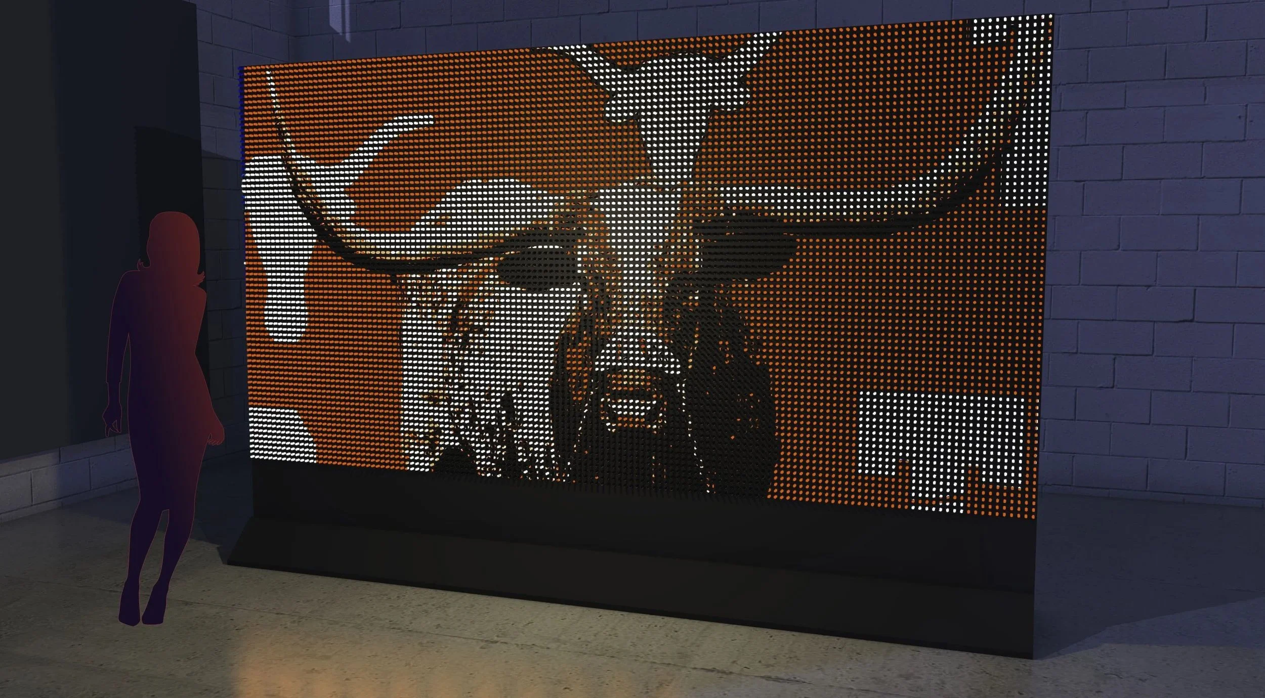 LED art installation depicting a bull skull with horns, stylized in a pixelated black, white, and orange design, mounted on a wall background.
