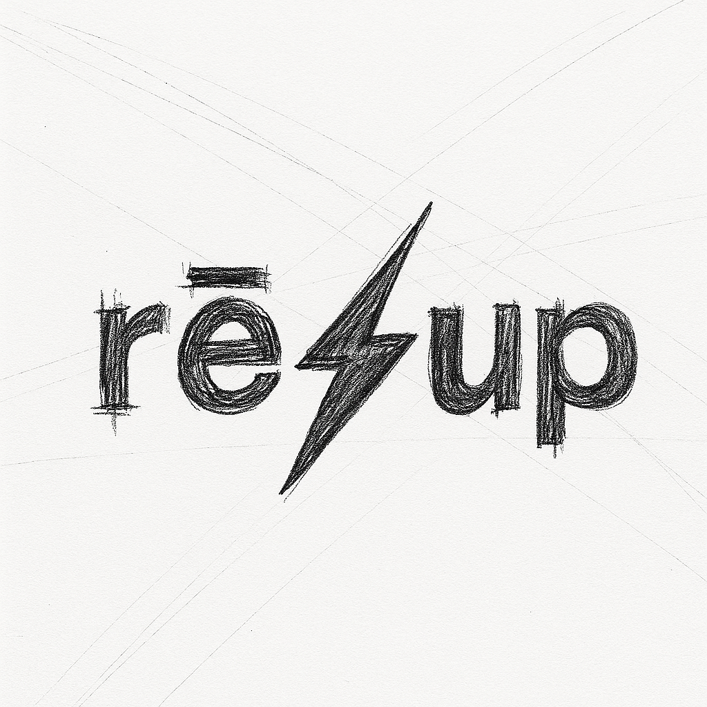 Hand-drawn logo spelling 're' and 'up' with a lightning bolt in the middle. First concept logo for the brand.