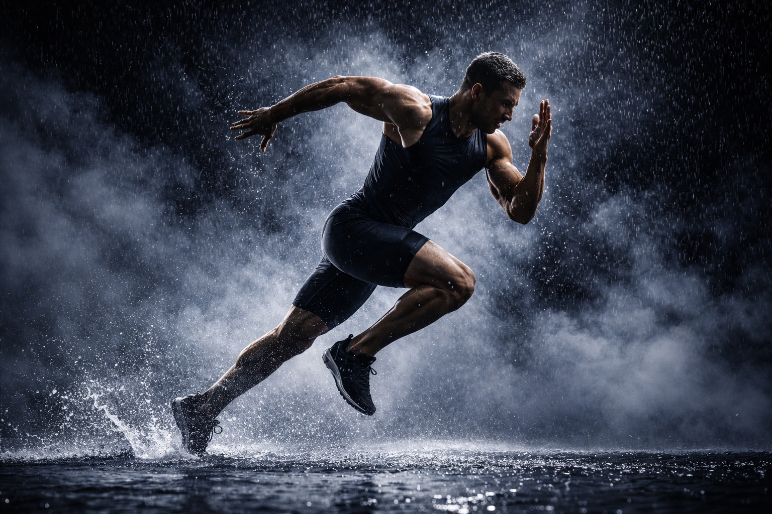 A man running through water with splashes and droplets around him, wearing black athletic clothing and shoes, in a dark background.