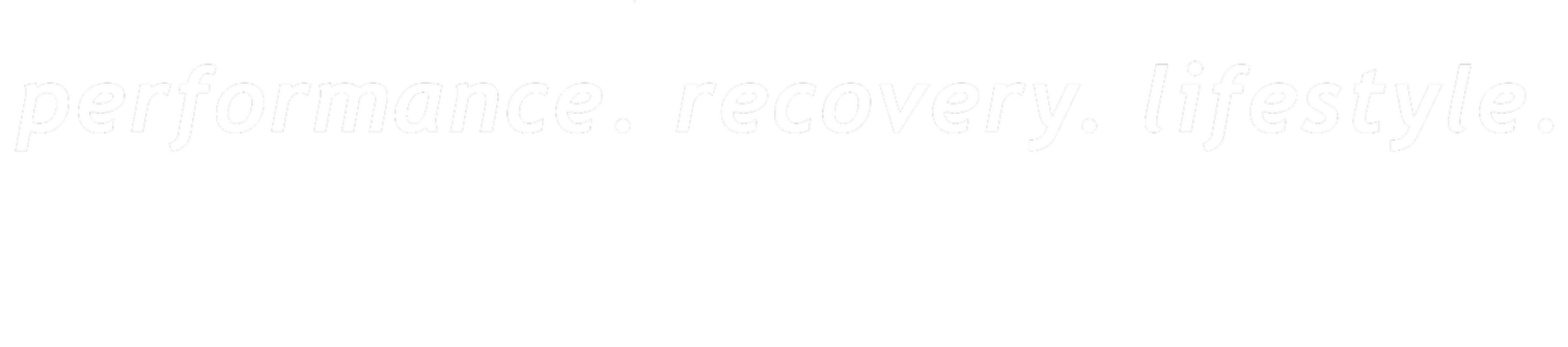 Text on a black background that reads 'performance. recovery. lifestyle.' in white, italicized font.