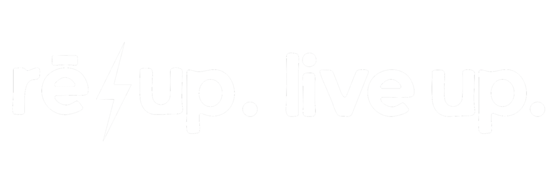 Text graphic that says 'réup. live up.' in stylized white font on a black background with a lightning bolt replacing the dot.