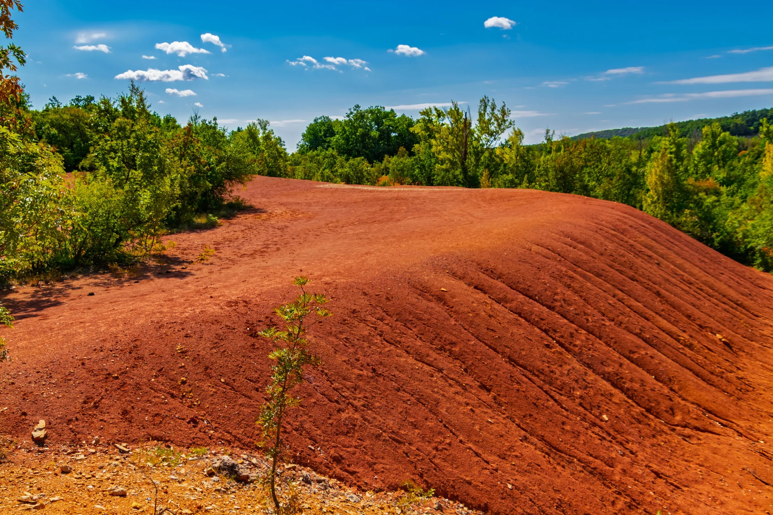 Red rocky hill with green trees and bushes, blue sky, and white clouds in the background.