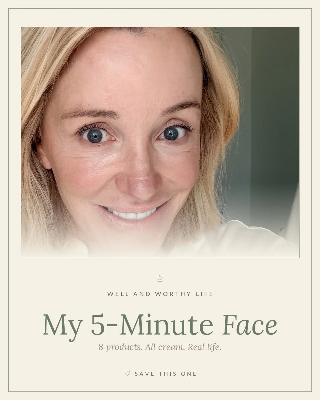 My full 5-minute face. Here it is.

Nine products. All cream-based (powder and midlife skin do not get along).

Done in 5 minutes.

Want all the links? Comment LIST below and I&rsquo;ll send them straight to your DMs.
.
.
.
#5minuteface #makeupover50