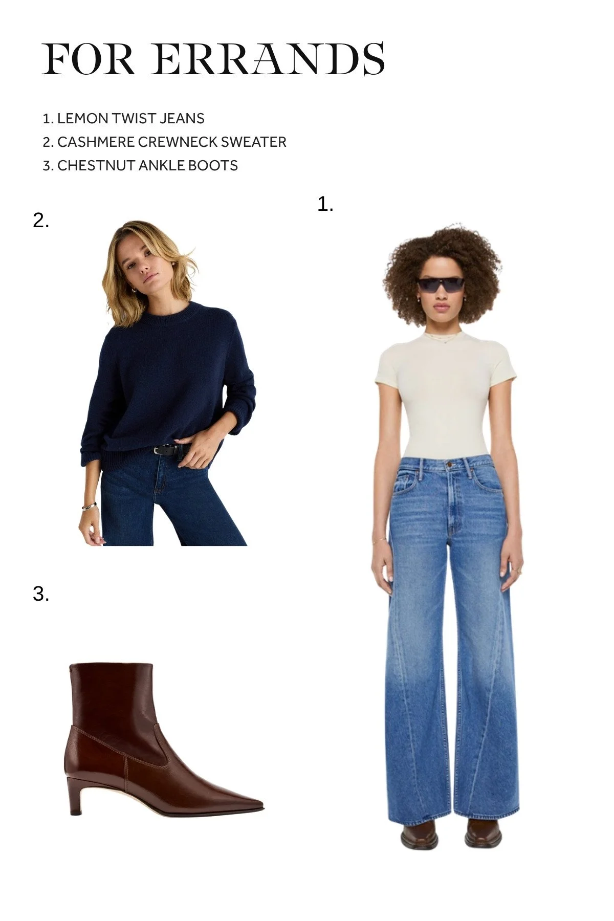 Fall outfit for errands with Lemon Twist jeans, navy cashmere sweater and chestnut ankle boots