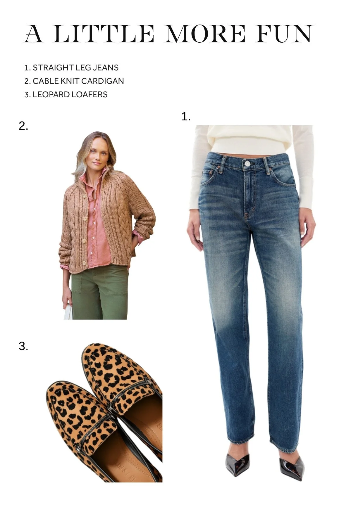 Fun fall outfit with straight leg jeans, cable knit cardigan and leopard print loafers