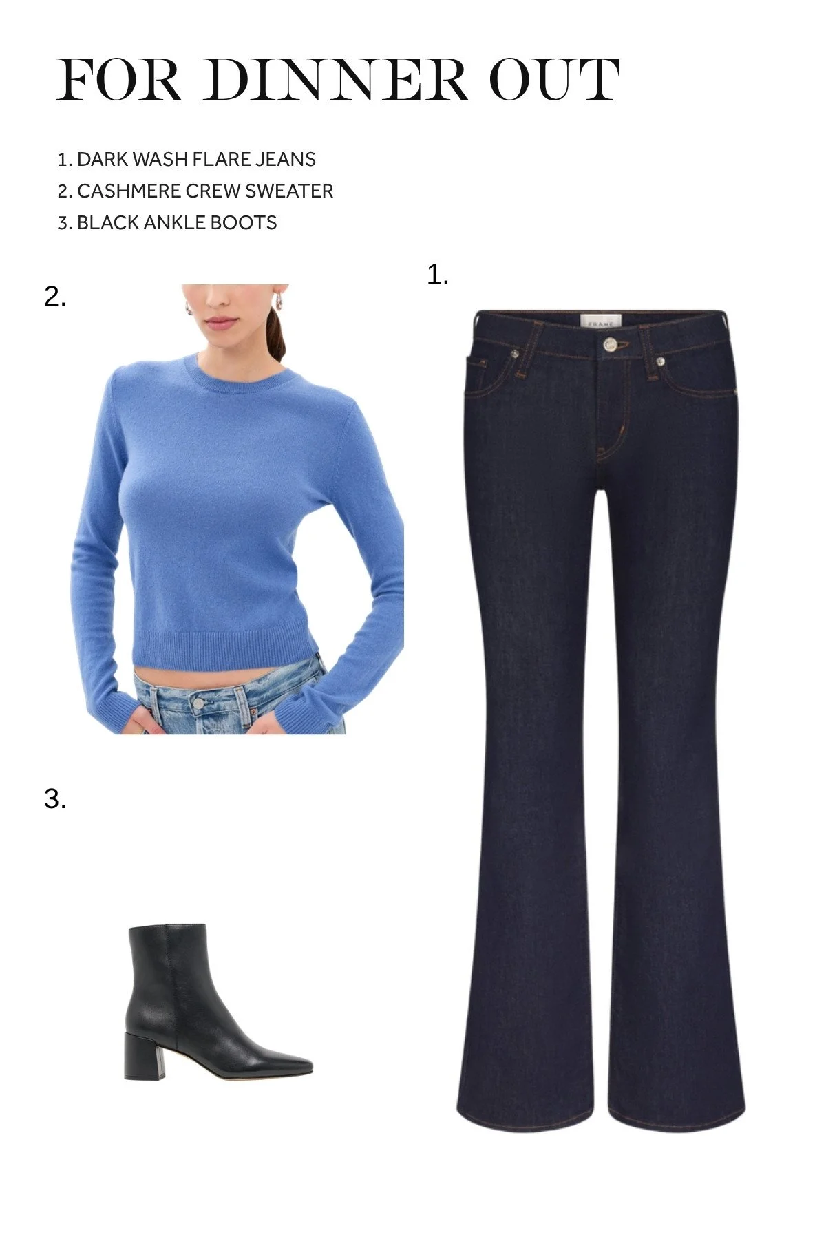 Fall outfit for dinner out with dark wash flare jeans, blue cashmere sweater and black ankle boots
