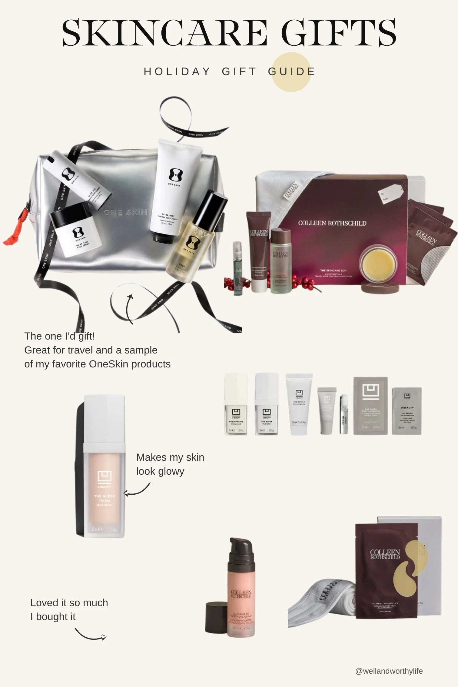 Skincare gifts collage: OneSkin Longevity Protocol set, Colleen Rothschild Skincare Edit, U Beauty Discovery Edit, U Beauty SUPER Tinted Hydrator, tinted eye cream, vitamin C eye patches