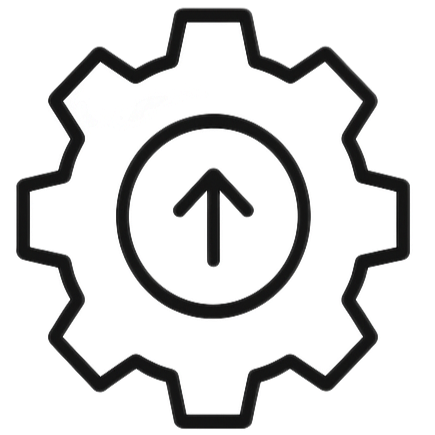 A gear symbol with an upward arrow inside a circle at the center.
