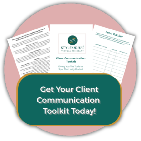 Promotional graphic with documents titled 'Client Communication Toolkit' and 'Lead Tracker,' featuring a large green and gold button that says 'Get Your Client Communication Toolkit Today!'