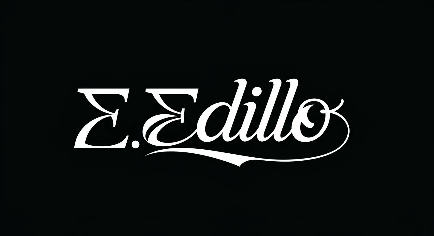 White cursive text reading 'E. Edllo' on a black background.