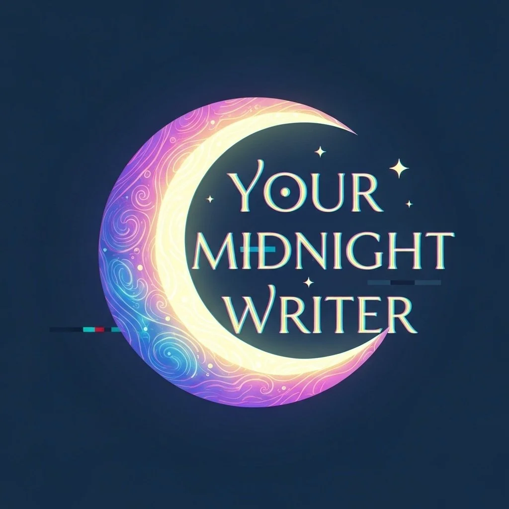 A digital illustration of a crescent moon with swirling patterns and stars, with the text 'Your Midnight Writer' inside the moon.