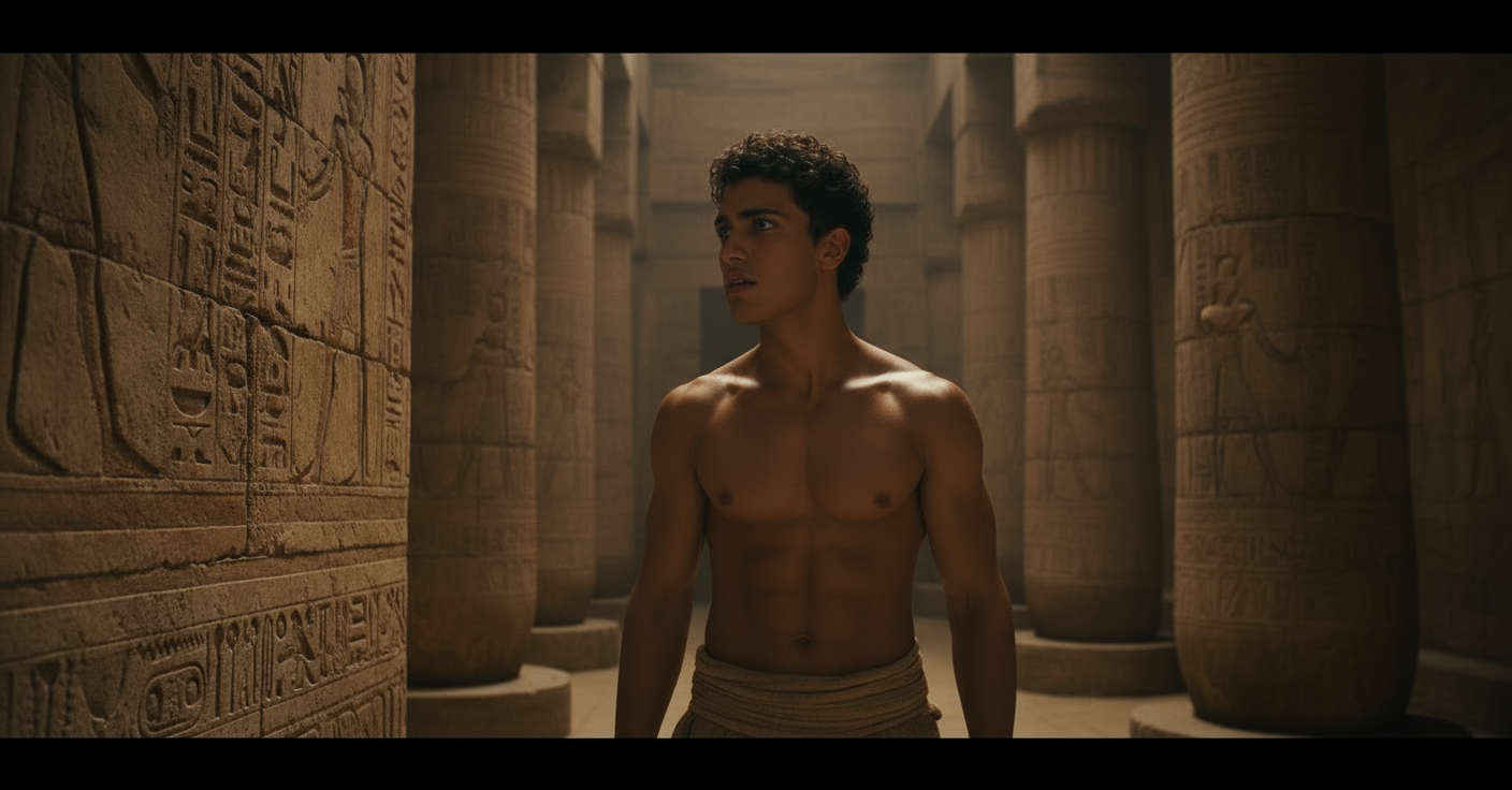 A shirtless man with dark curly hair and an athletic build is standing in an ancient Egyptian temple surrounded by large hieroglyphic-covered columns.