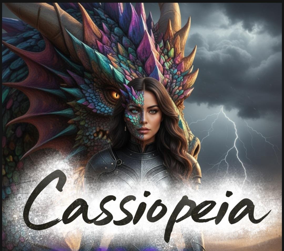 A woman with long dark hair and fierce expression dressed in dark armor, standing in front of a large, colorful dragon with scales and horns. The dragon's eye is glowing, and lightning strikes in the stormy sky behind them. The word 'Cassiopeia' is written in bold, black script across the bottom.
