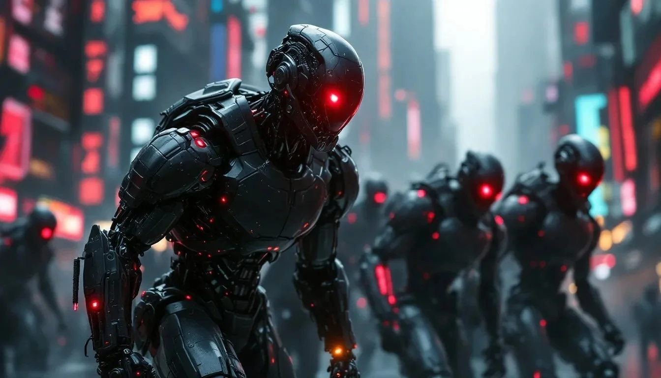 Futuristic robotic soldiers with glowing red eyes and armor in a neon-lit cityscape.