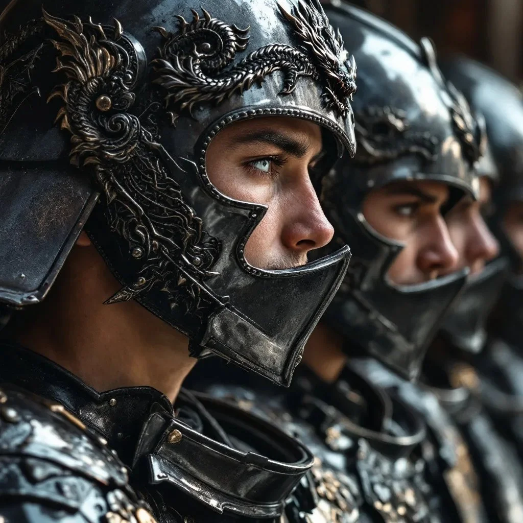 Close-up of young soldiers wearing ornate black metal helmets with dragon designs. They are in formation, looking serious and focused, with a dark background.