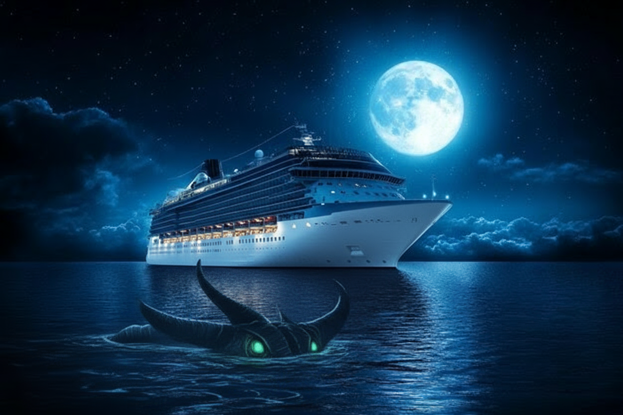 A large cruise ship floating on the water at night under a bright full moon, with a mysterious large sea creature with glowing green eyes and horns partially submerged nearby.