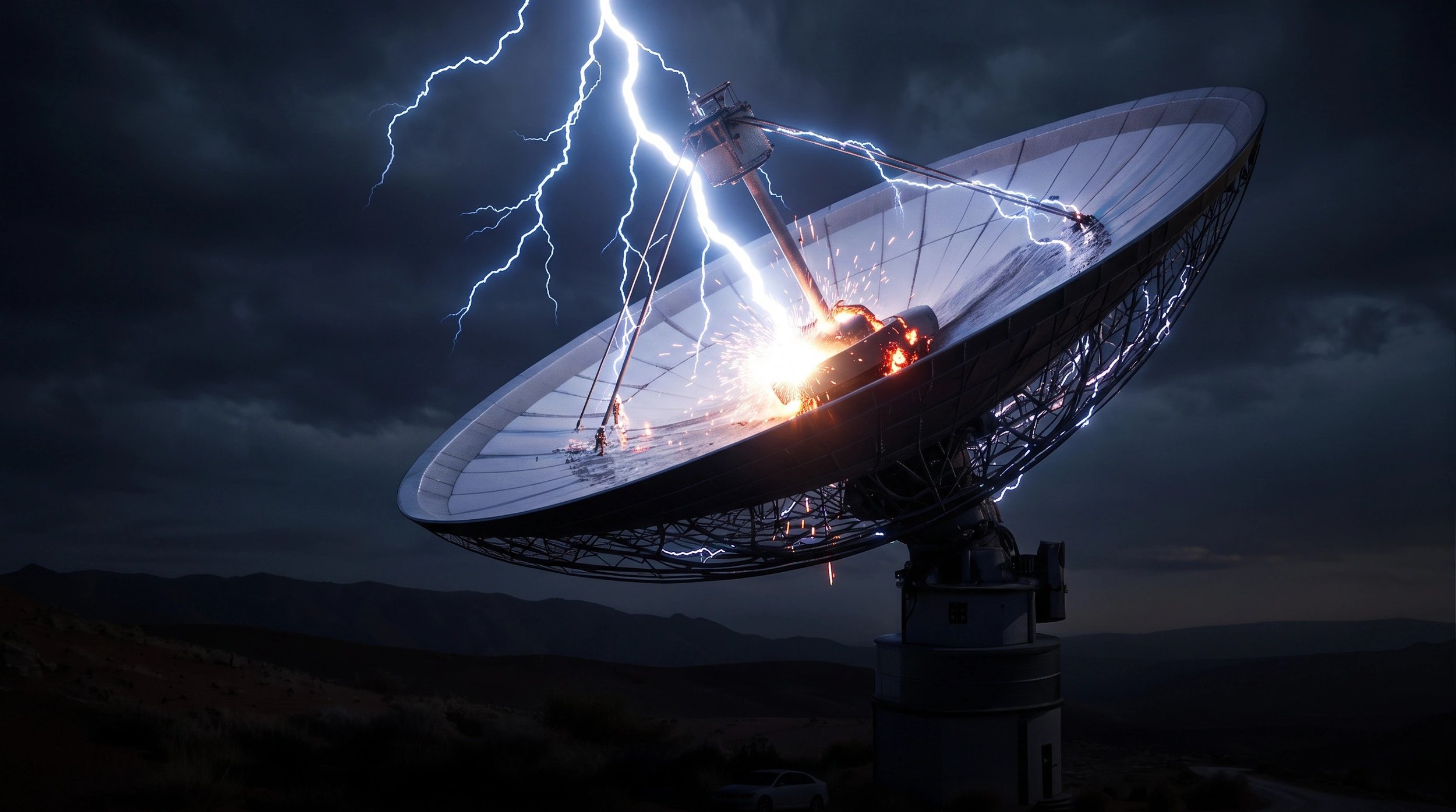 Movie poster for 'The Sequence' featuring a man looking at a large satellite dish during sunset with the Milky Way in the background.