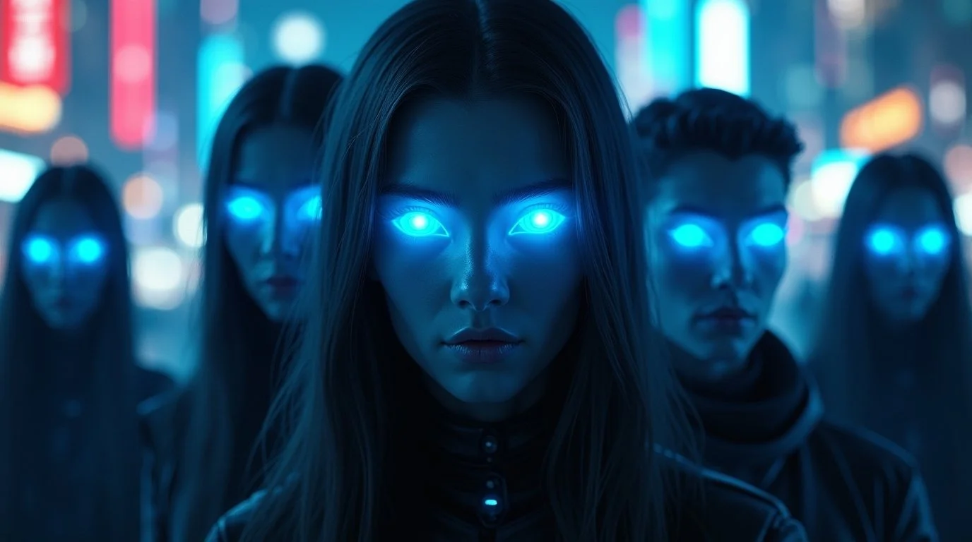 A group of five women with glowing blue eyes standing in front of colorful city lights at night.
