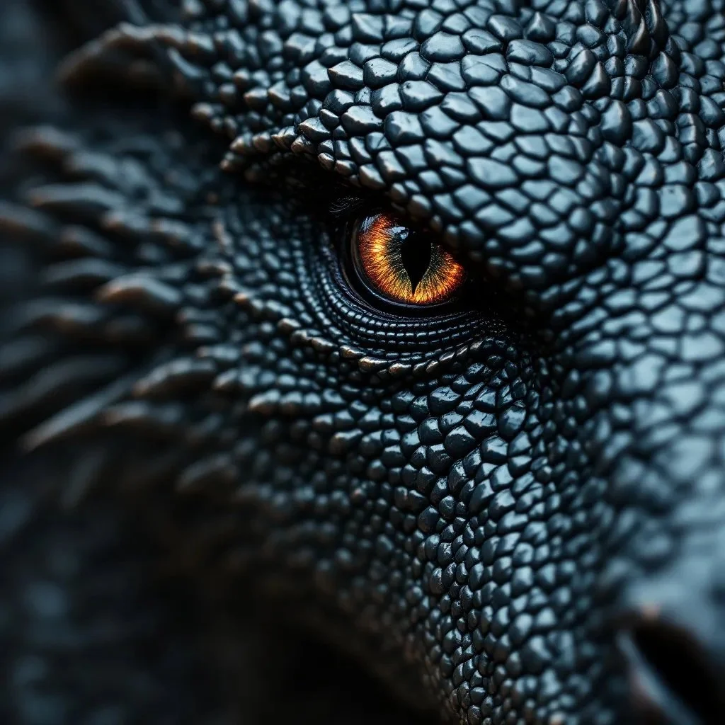 Close-up of a lizard's eye with vibrant orange and yellow iris surrounded by black scales.