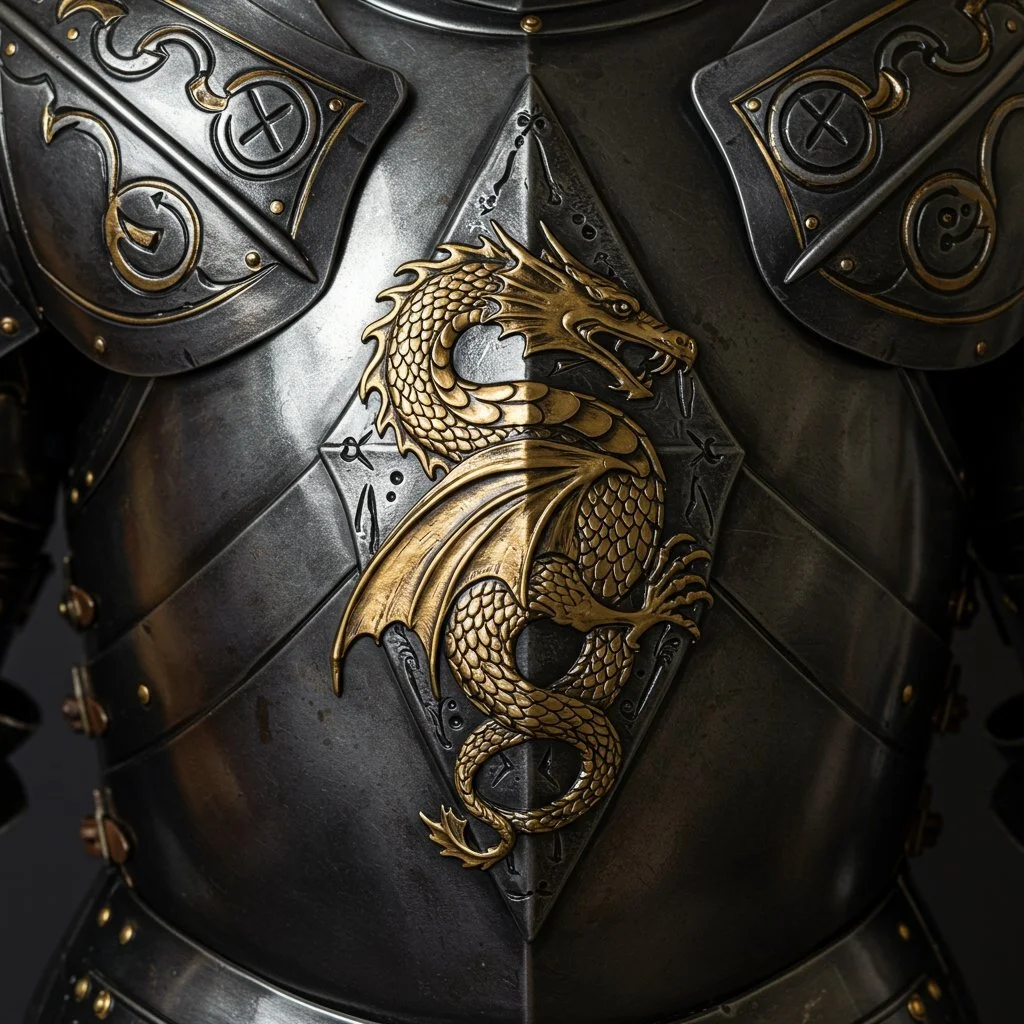 Close-up of medieval armor with a prominent gold-colored dragon emblem on the chest plate and decorative shoulder guards.