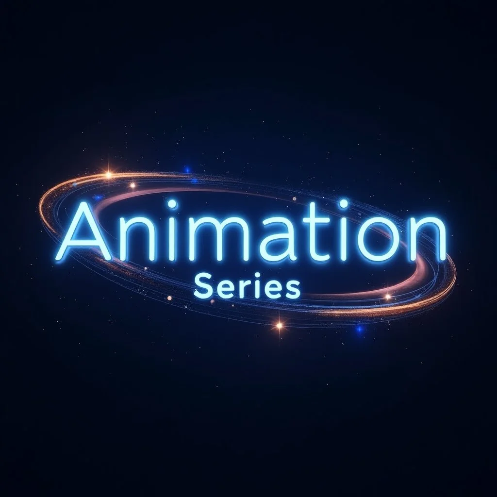 Digital neon sign displaying 'Animation Series' with swirling light trails and star-like effects on dark background.
