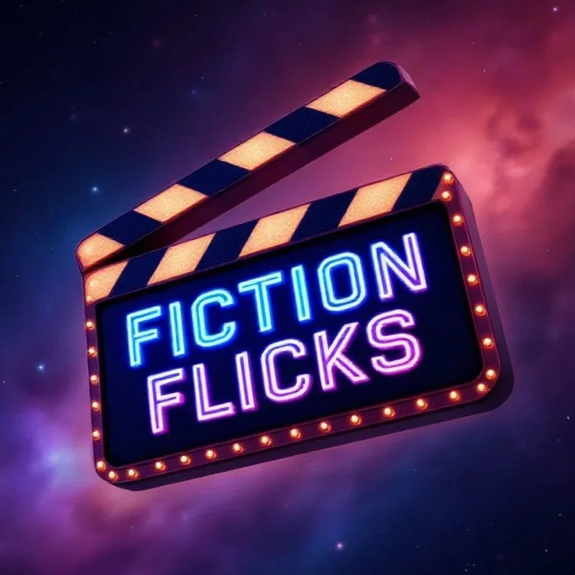 Neon sign with the words "Fiction Flicks" and a film clapperboard against a galaxy background.