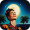 Sleep Story: A person standing outdoors at night with a full moon in the sky, surrounded by palm trees.