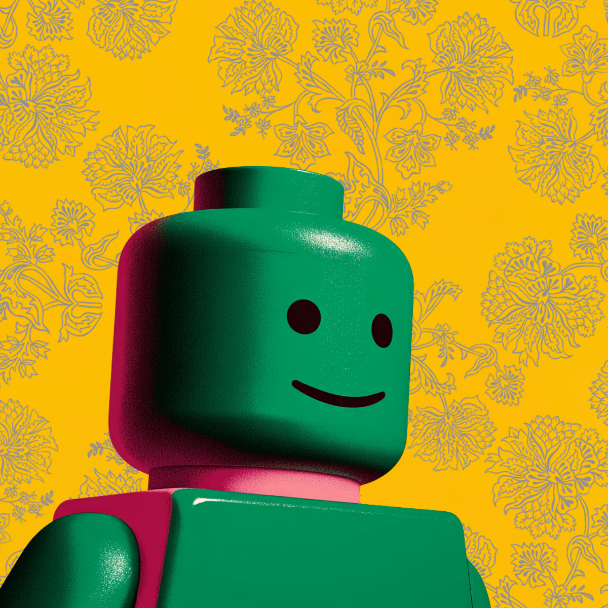 Sleep Story: A green robot with a smiling face on a yellow floral patterned background.