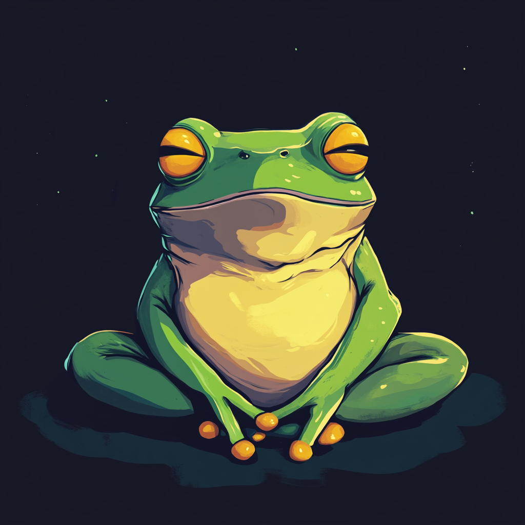 Sleep Story: A digital illustration of a green frog with orange eyes, sitting cross-legged against a dark starry background.