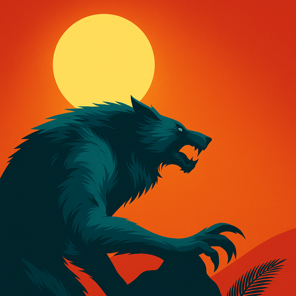 Sleep Story:  Illustration of a werewolf-like creature howling against an orange sunset with a large yellow sun, silhouettes of hills, and a palm leaf in the foreground.