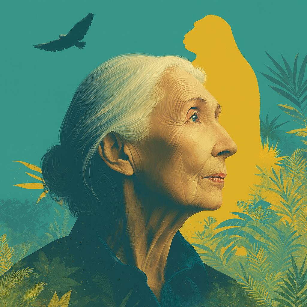 Sleep Story: Digital illustration of an elderly woman with white hair, looking to the right, set against a background featuring a silhouette of a lion, a large bird flying, and tropical plants and trees.