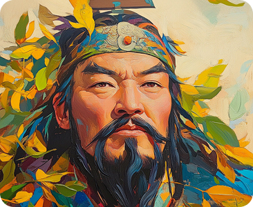 Sleep Story: Portrait of an Asian man with a traditional headband, beard, and long hair, surrounded by colorful foliage.