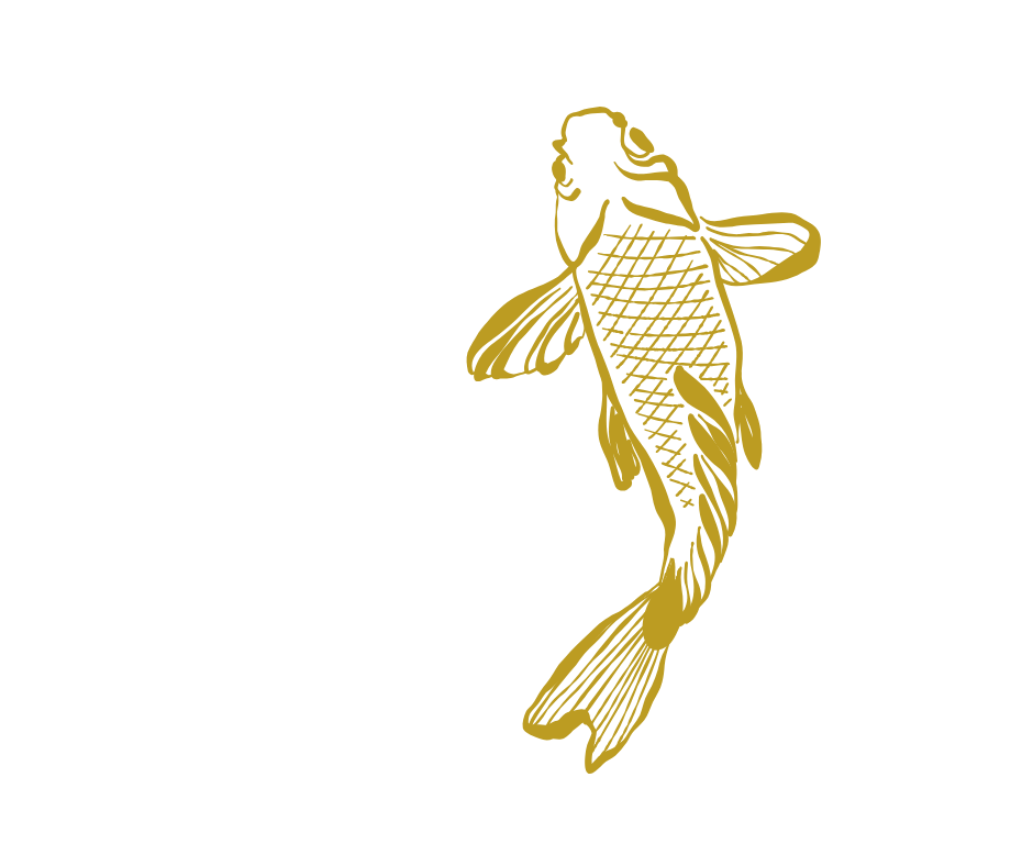 Deux carpes koi stylisées, l'une blanche et l'autre dorée, nageant en cercle