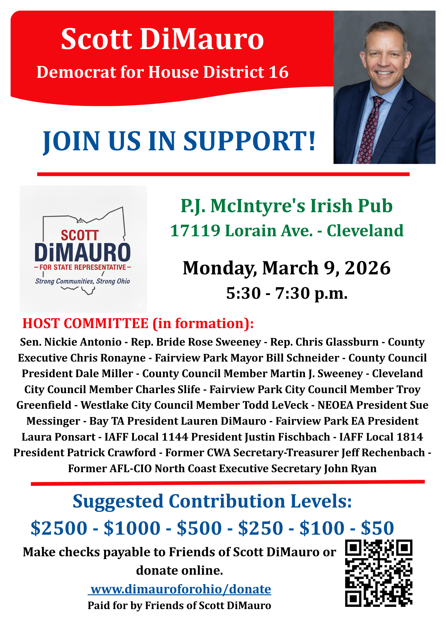 Flyer for a political support event for Scott DiMauro, Democrat for Ohio House District 16, featuring event details, host committee members, contribution levels, and a QR code for online donation.