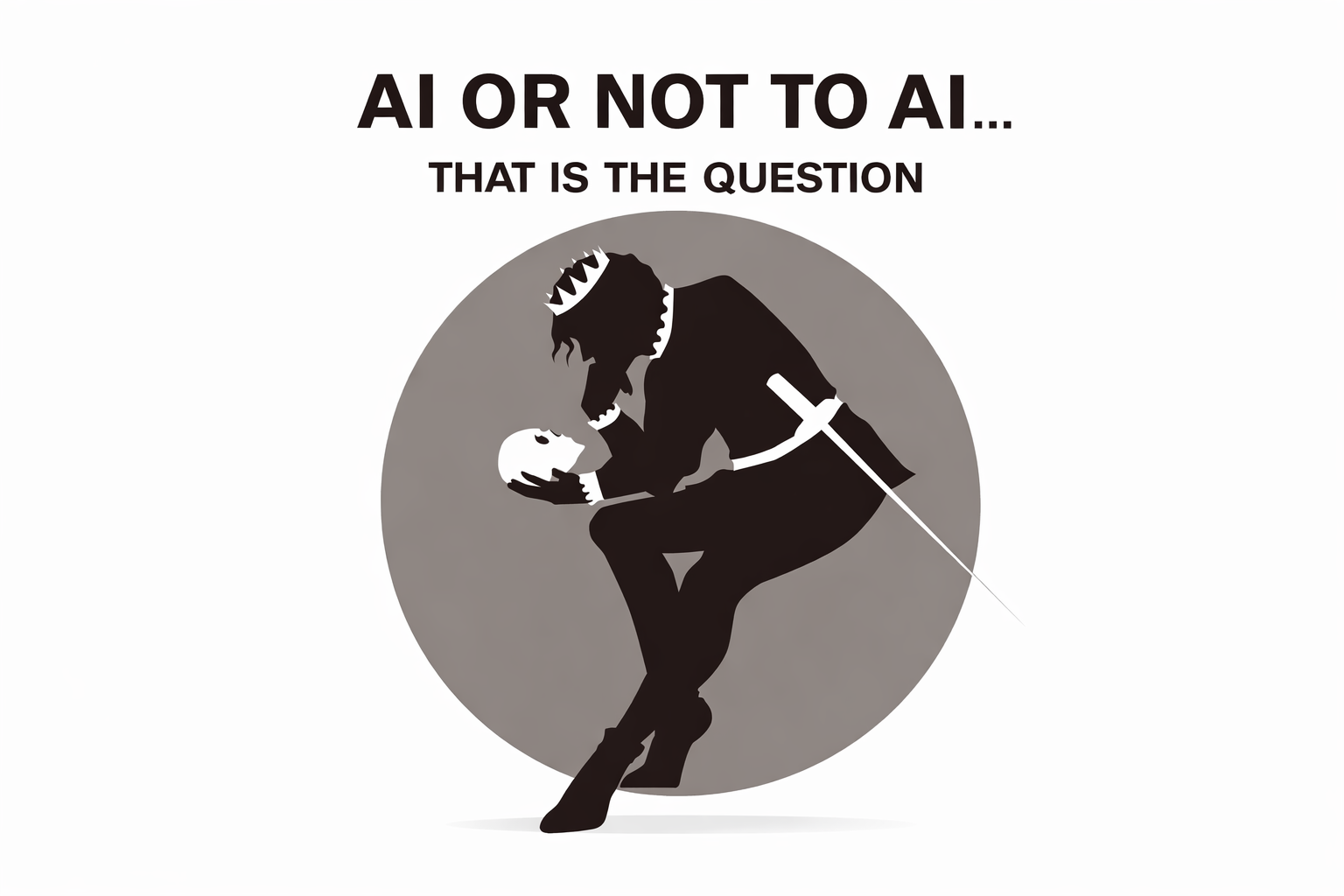 Picture of a swordsman sitting looking at a skull in Hamlet style with the text "AI or Not To AI"