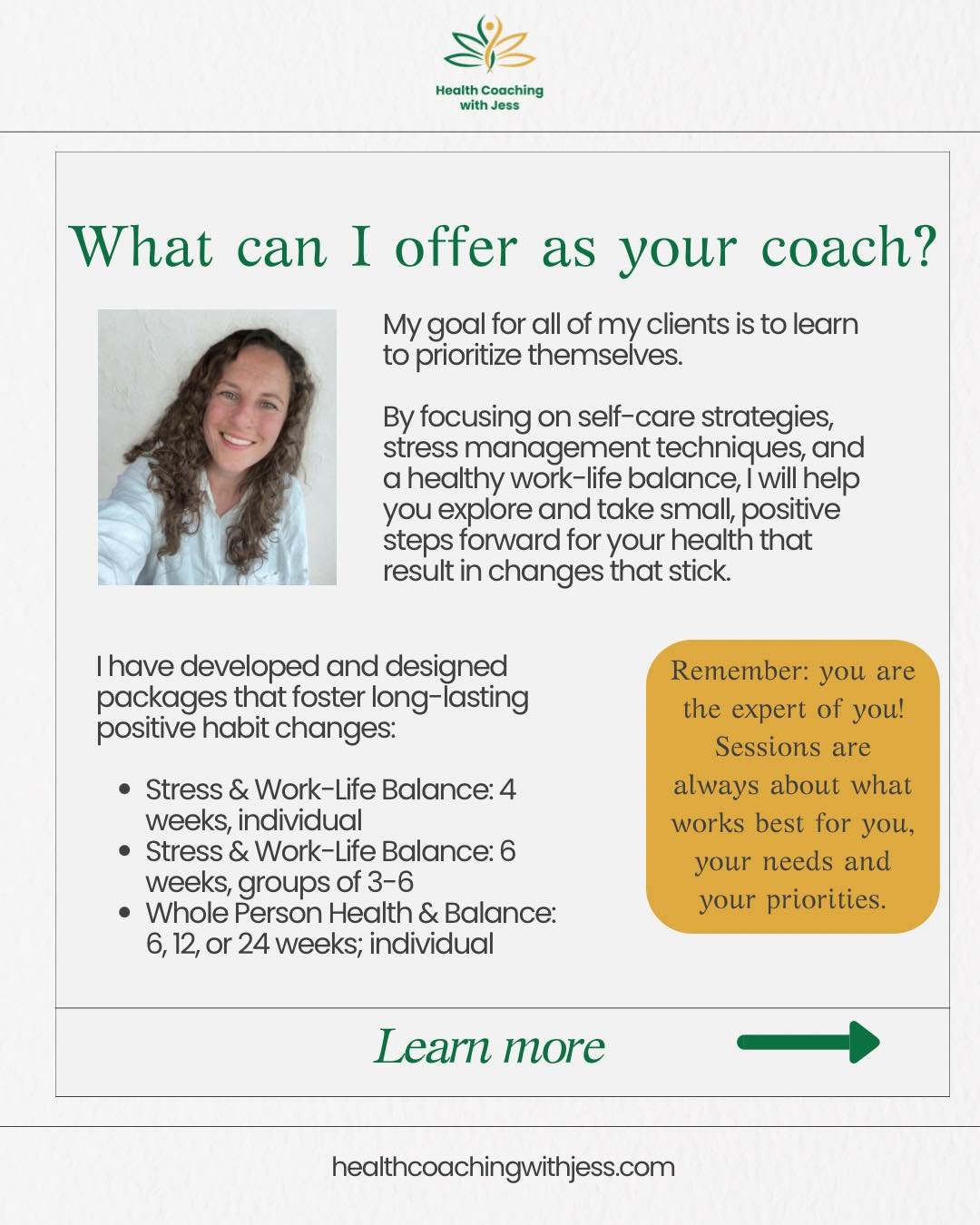 What can I offer you as your Health &amp; Wellness Coach? 

I have designed three packages that foster empowerment, confidence and long-lasting positive habit changes &mdash; all focusing on your priorities and goals, with healthy ways to manage stre