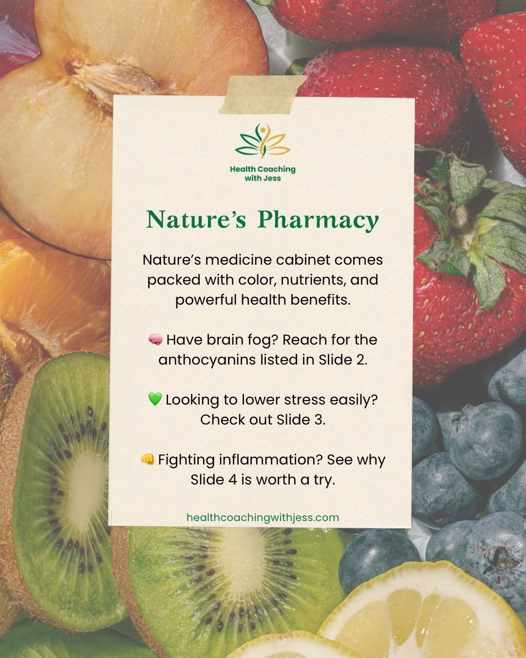 ✨ Nature&rsquo;s medicine cabinet comes packed with color, nutrients, and powerful health benefits.

🧠 Have brain fog? Check out the tiny berry with a big impact listed in Slide 2.

💚 Looking to lower stress easily? Look no further than the stress 
