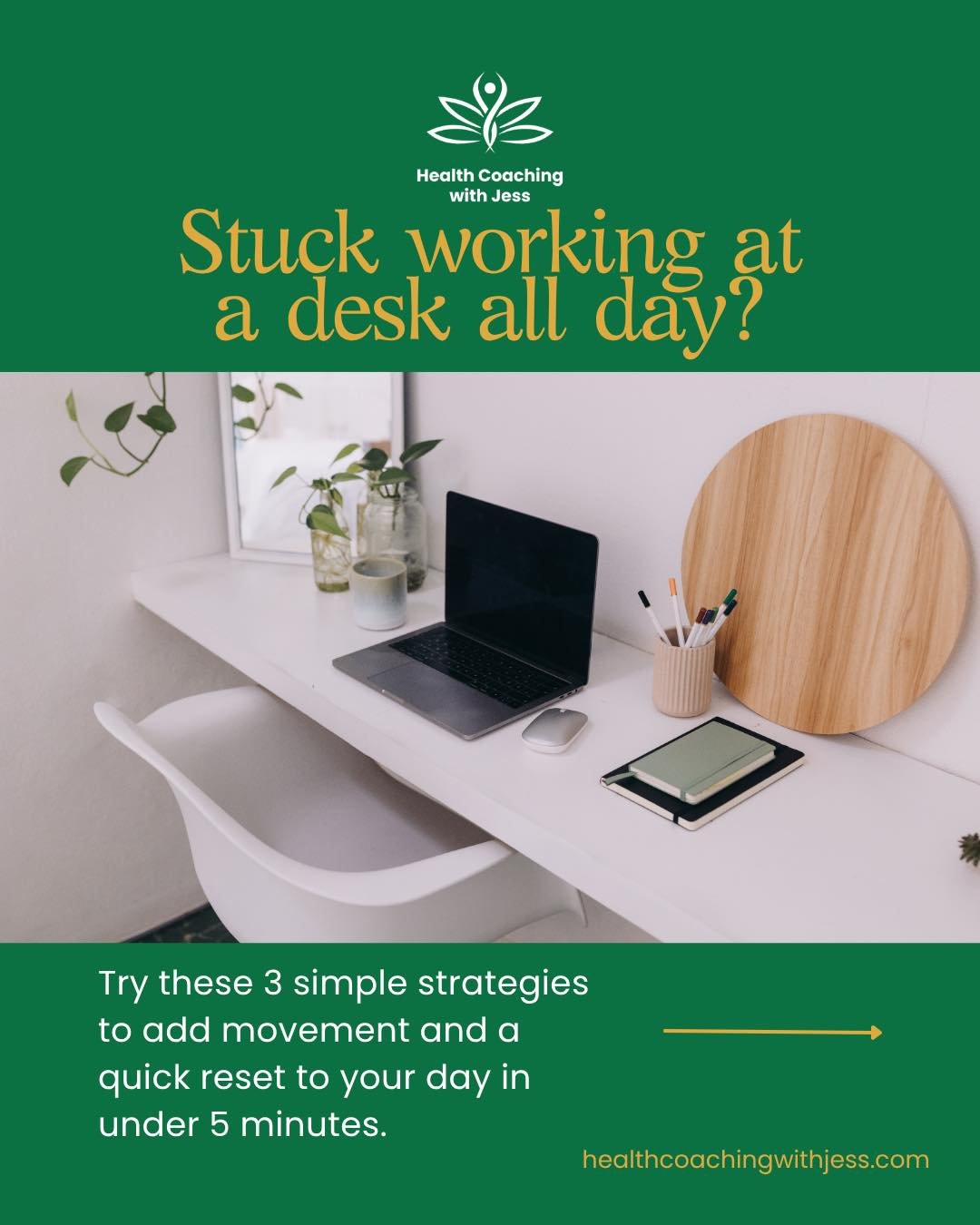 Does your 9-to-5 feel like a 9-to-zero movement? 💻

Having a sedentary work environment poses detrimental health issues such as increased cardiovascular problems, metabolic dysfunction, and can negatively impact our mental health. 

Simple strategie