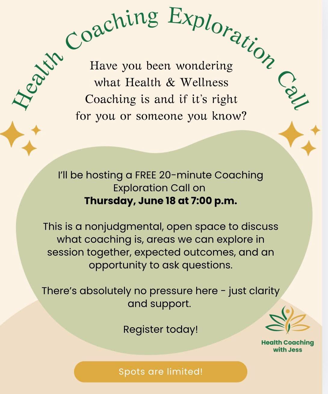 Have you been wondering what Health &amp; Wellness Coaching is and if it&rsquo;s right for you or someone you know?

👉 I&rsquo;m hosting a FREE 20 minute Zoom Health Coaching Exploration Call on Thursday, June 18 at 7:00 p.m. EST. 

This is a nonjud