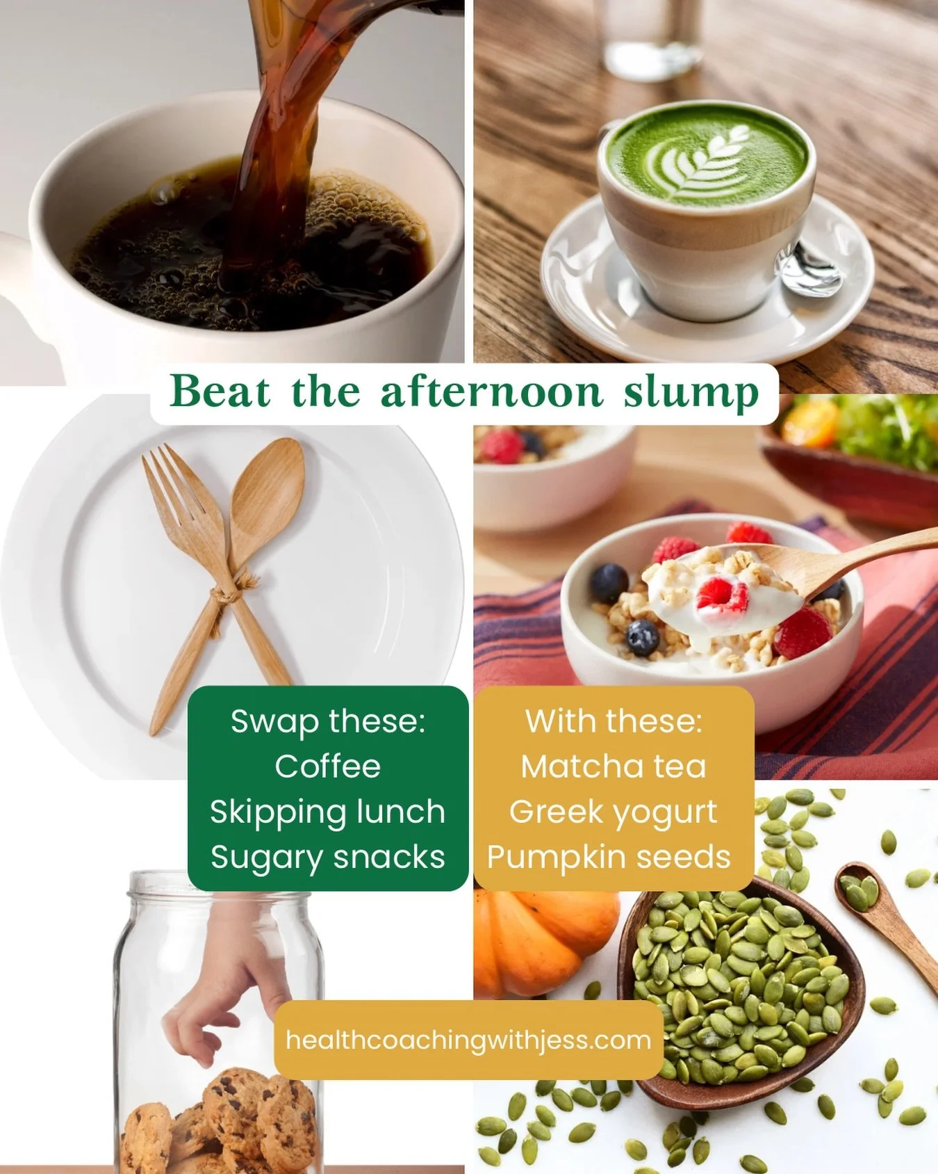 Are your eyes feeling extra heavy this afternoon?

Are you looking for another cup of coffee to get through the last few hours of the day?

Try these swaps to increase your focus and energy:

1️⃣ Swap coffee for matcha tea
2️⃣ Try Greek yogurt or Kef