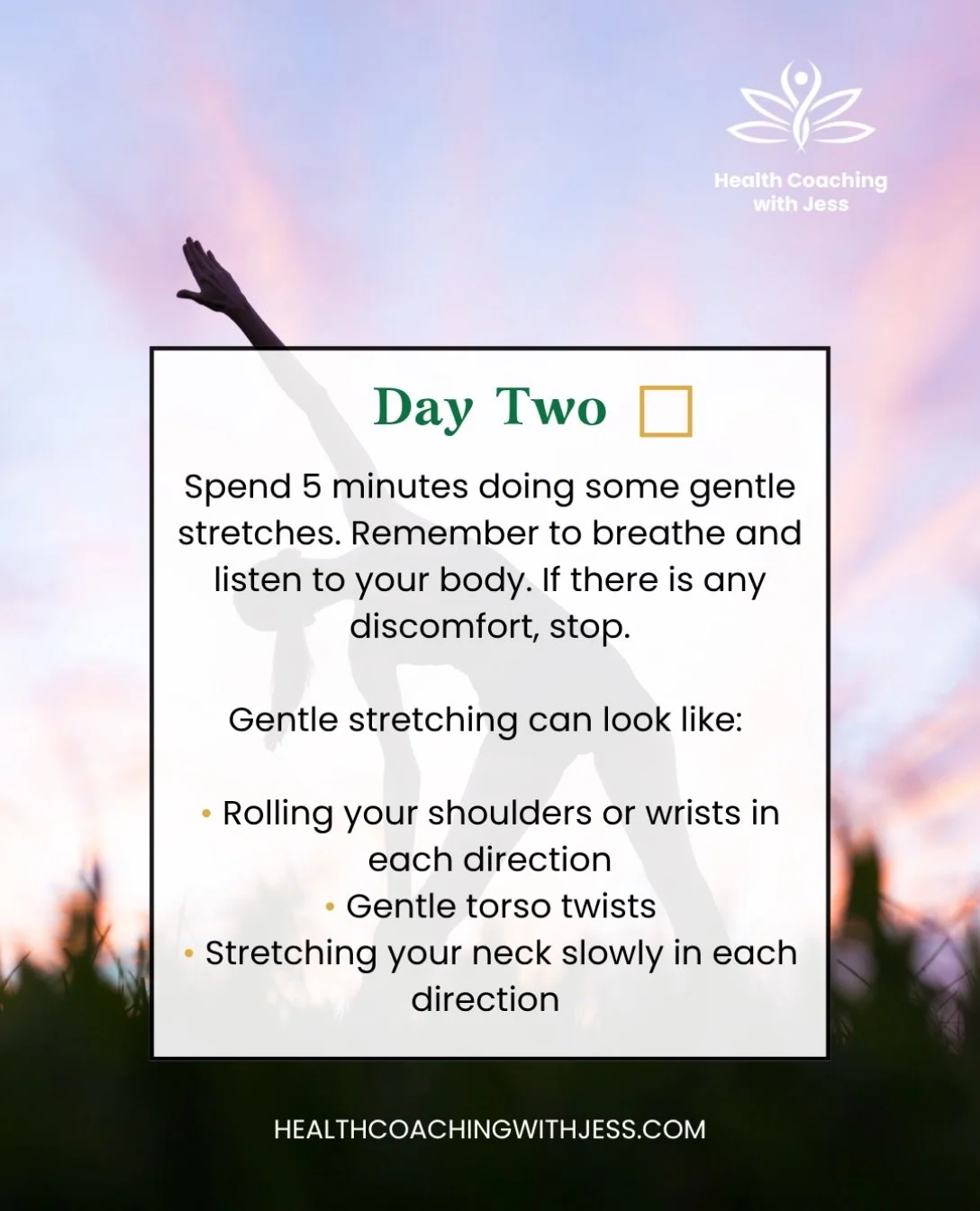 🍃 7 Days of Movement: Find What Moves You!

🧘&zwj;♀️ Day 2: Spend 5 minutes doing some gentle stretches today. 

Gentle stretching can look like:

🧘&zwj;♀️ Slowly stretching your neck in each direction 
🧘&zwj;♀️ Rolling your shoulders or wrists i