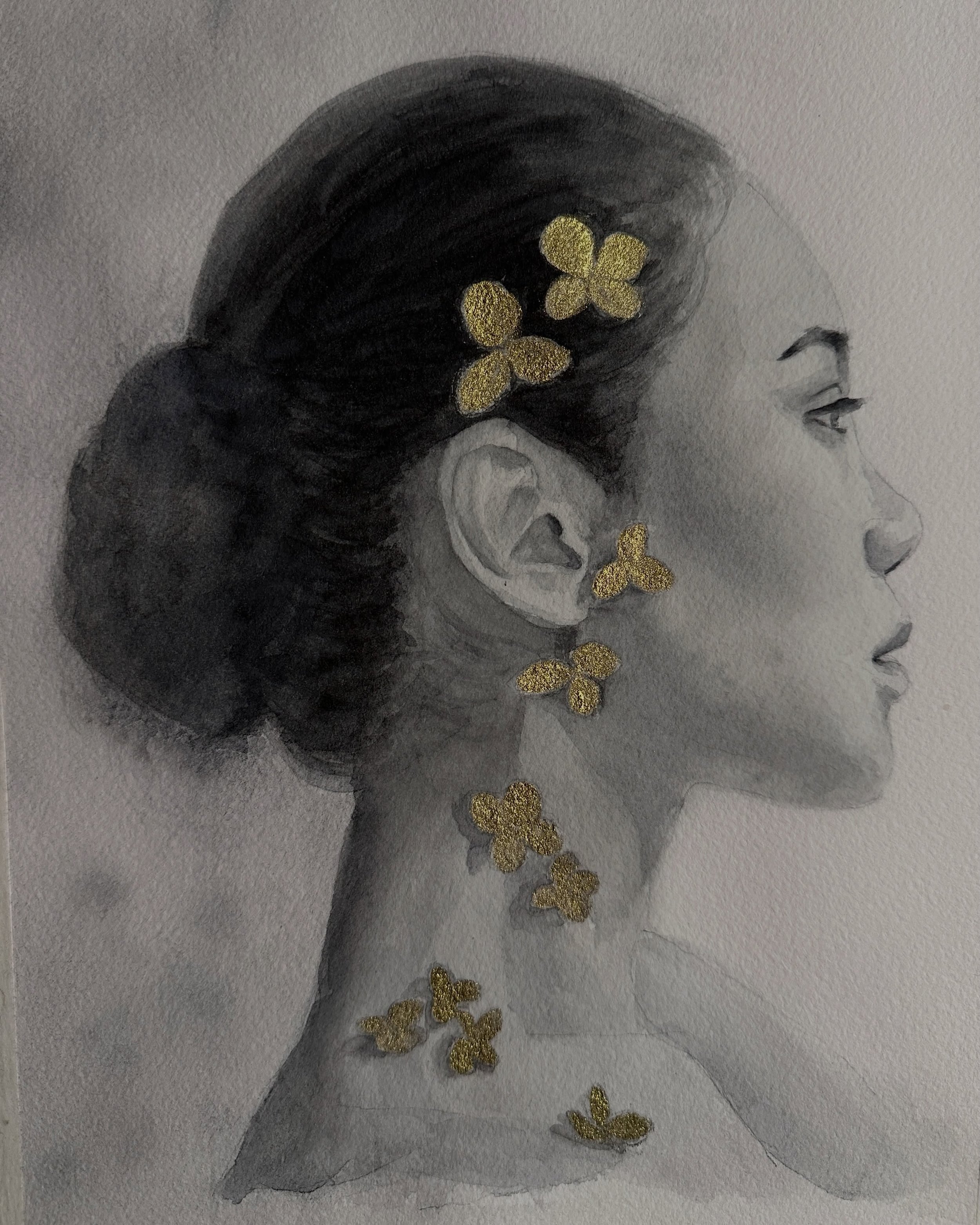 Mujeres en Carboncillo l&iacute;quido y Tinta dorada

Despu&eacute;s del curso sent&iacute; la necesidad de comenzar una serie de retratos en carboncillo l&iacute;quido y tinta dorada.

Las flores y los adornos en el cabello siempre me han fascinado,