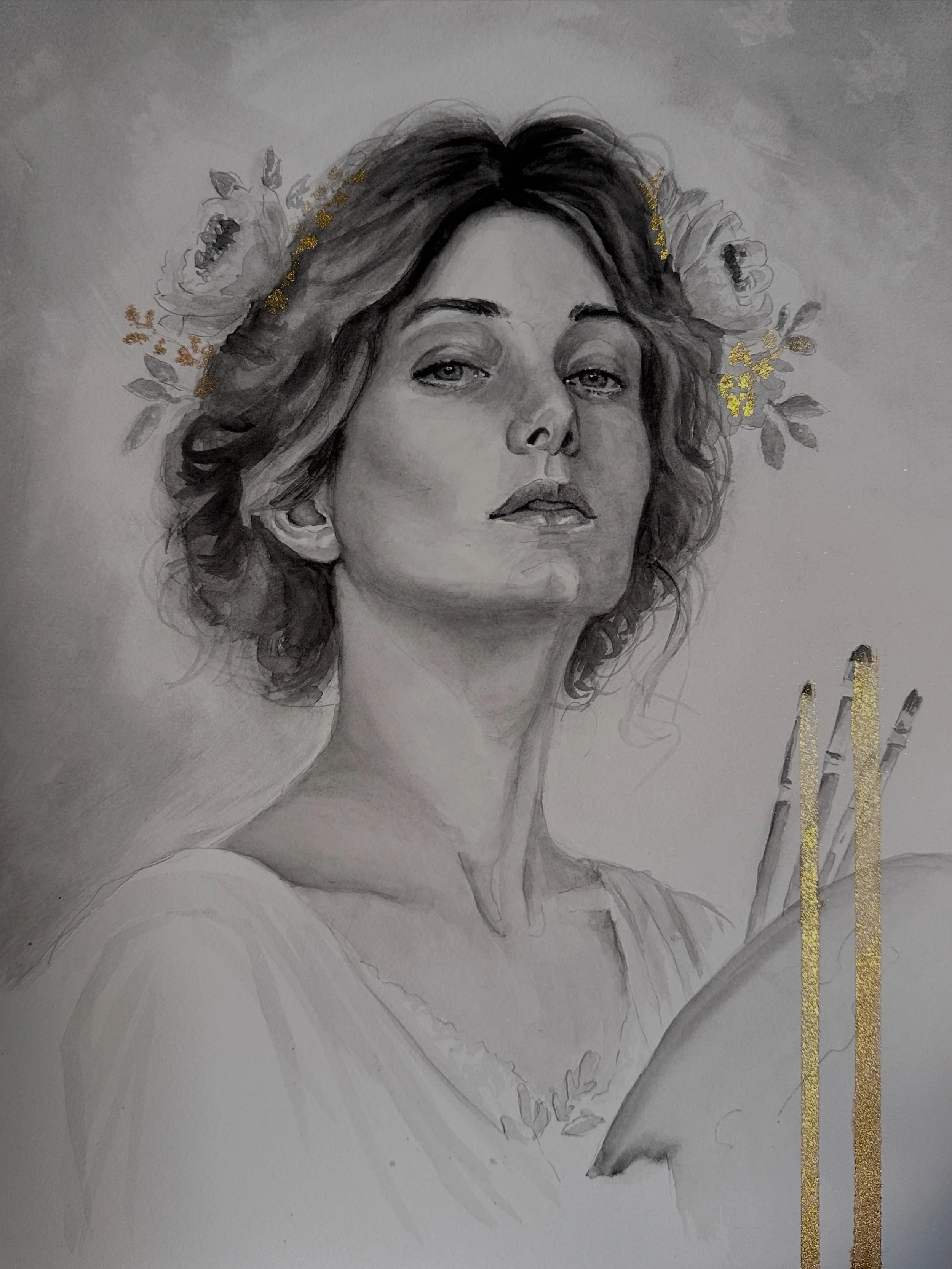 Mis &uacute;ltimos trabajos: Alegoria de la Pintura.
Tres mujeres, tres maneras de sentir y una misma b&uacute;squeda: encontrar la emoci&oacute;n desde la sencillez.
He querido reducir los materiales a lo esencial: carboncillo l&iacute;quido y oro. 
