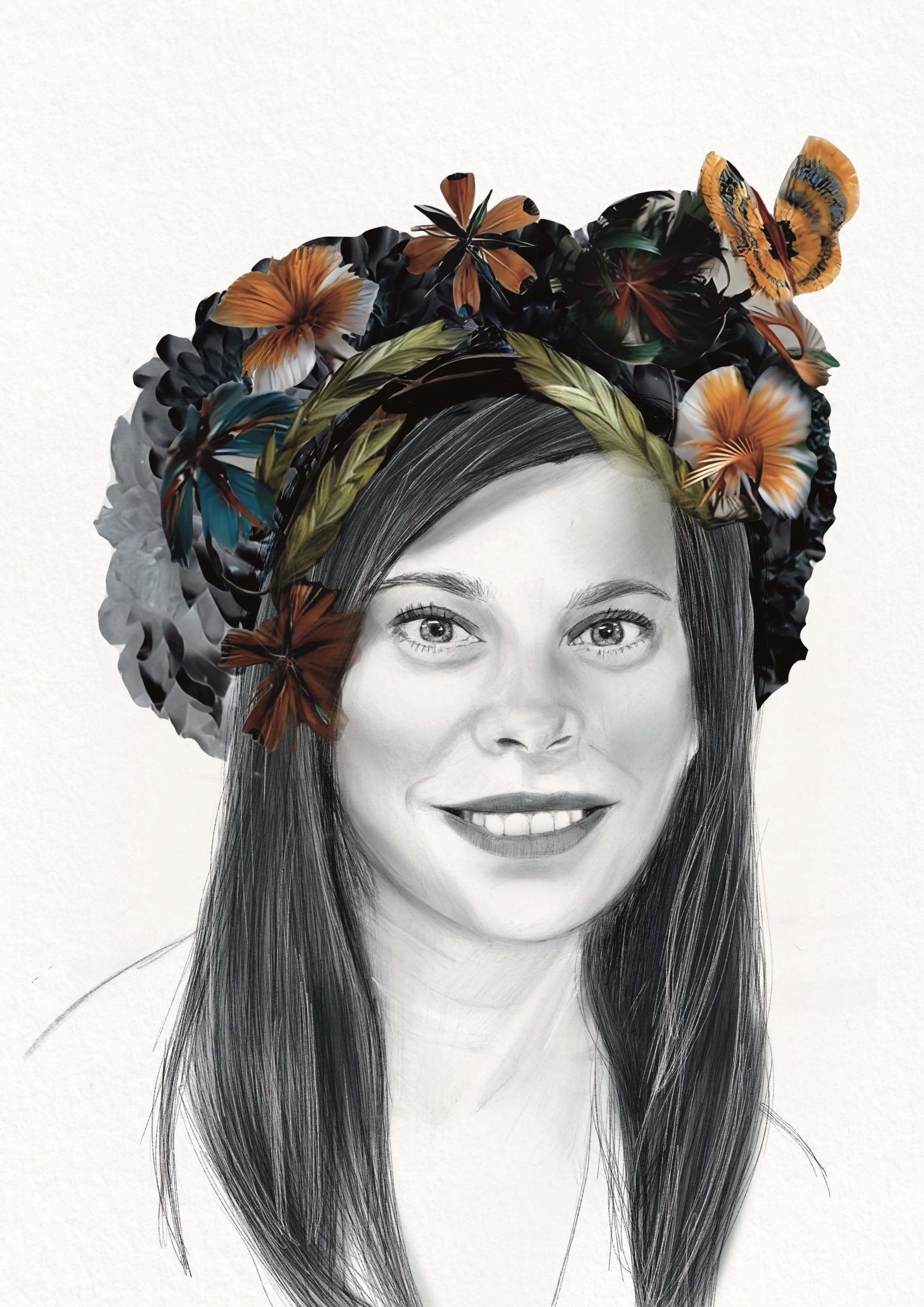 Retrato en blanco y negro de una mujer con una corona de flores de colores