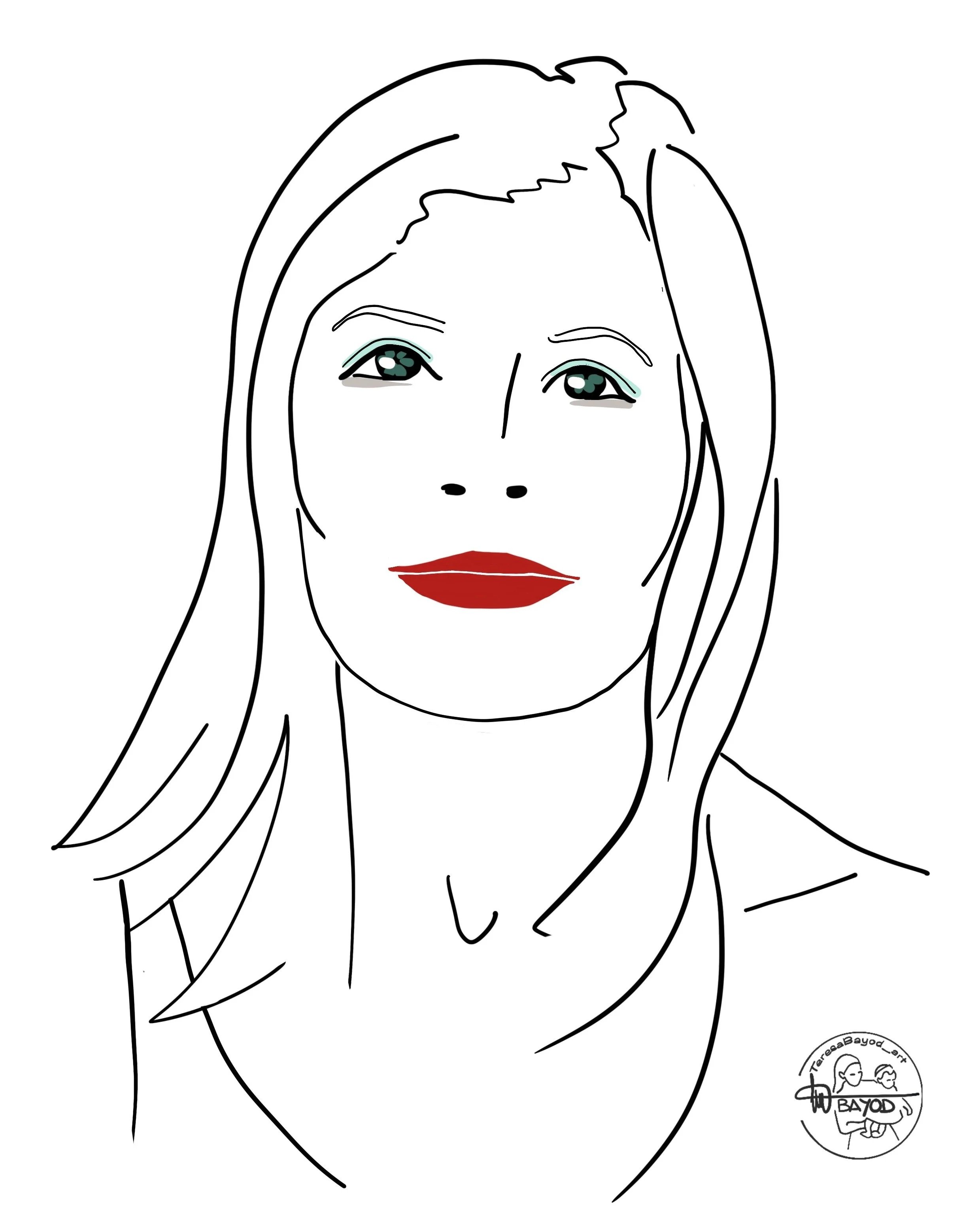 Dibujo de retrato de una mujer con cabello largo, labios rojos y ojos detallados, en estilo lineal con detalles en los ojos y labios