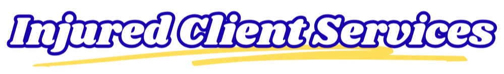 Text logo reading 'Injured Client Services' in bold white letters with purple background and a colorful underline.