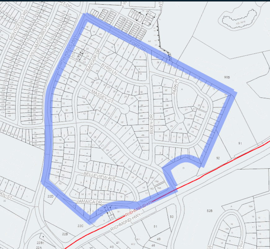Map of a residential area with streets, lots, and a highlighted boundary in blue, showing neighborhood layout near Richmond Highway.